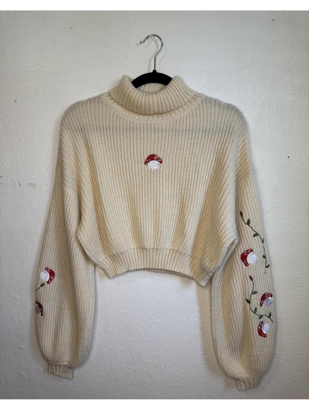 ROMWE Women’s Medium Mushroom Crop Top Turtleneck Sweater Cottage Fairycore